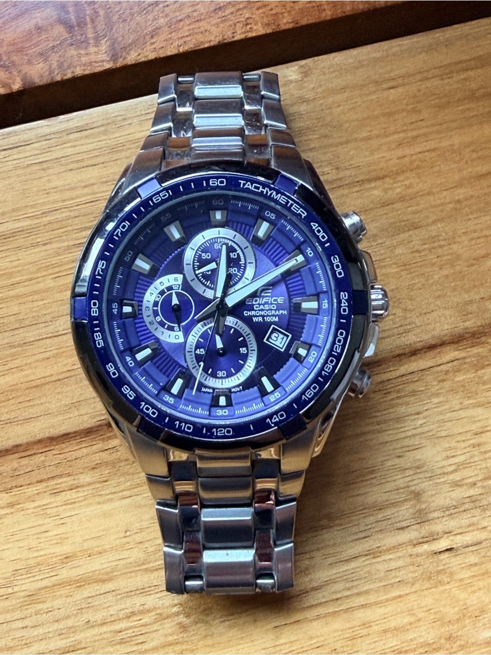 Casio Edifice Silver Stainless Steel Watch with Blue Dial